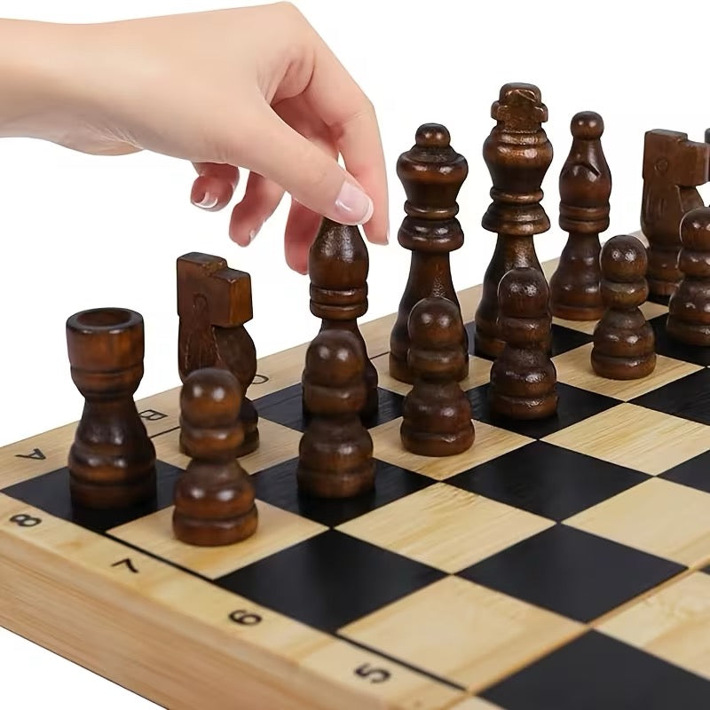 ENSEMBLE ÉCHECS 3-EN-1 EN BOIS – ÉCHECS ♟️ DAMES ⚪⚫ BACKGAMMON 🎲 ✨