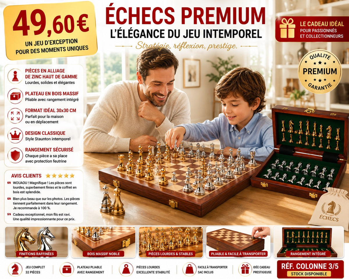 ♟️ Jeu d'Échecs Prestige 30 × 30 cm – Pièces Métal Massif & Coffret Bois Pliable
