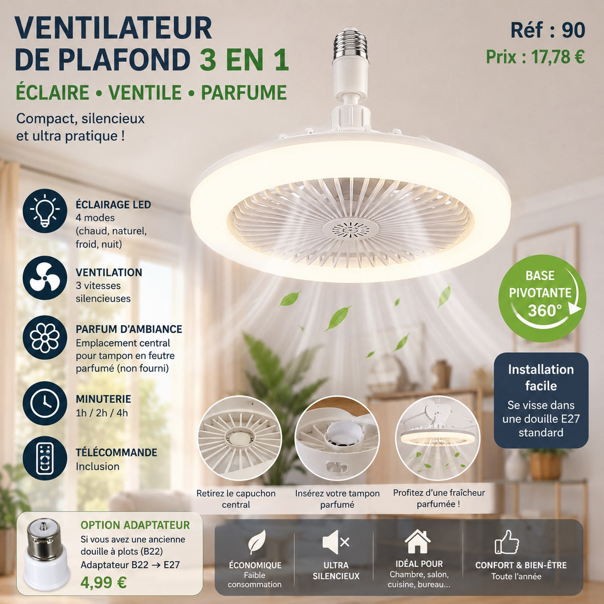 VENTILATEUR DE PLAFOND LED 3 EN 1 AVEC TÉLÉCOMMANDE
