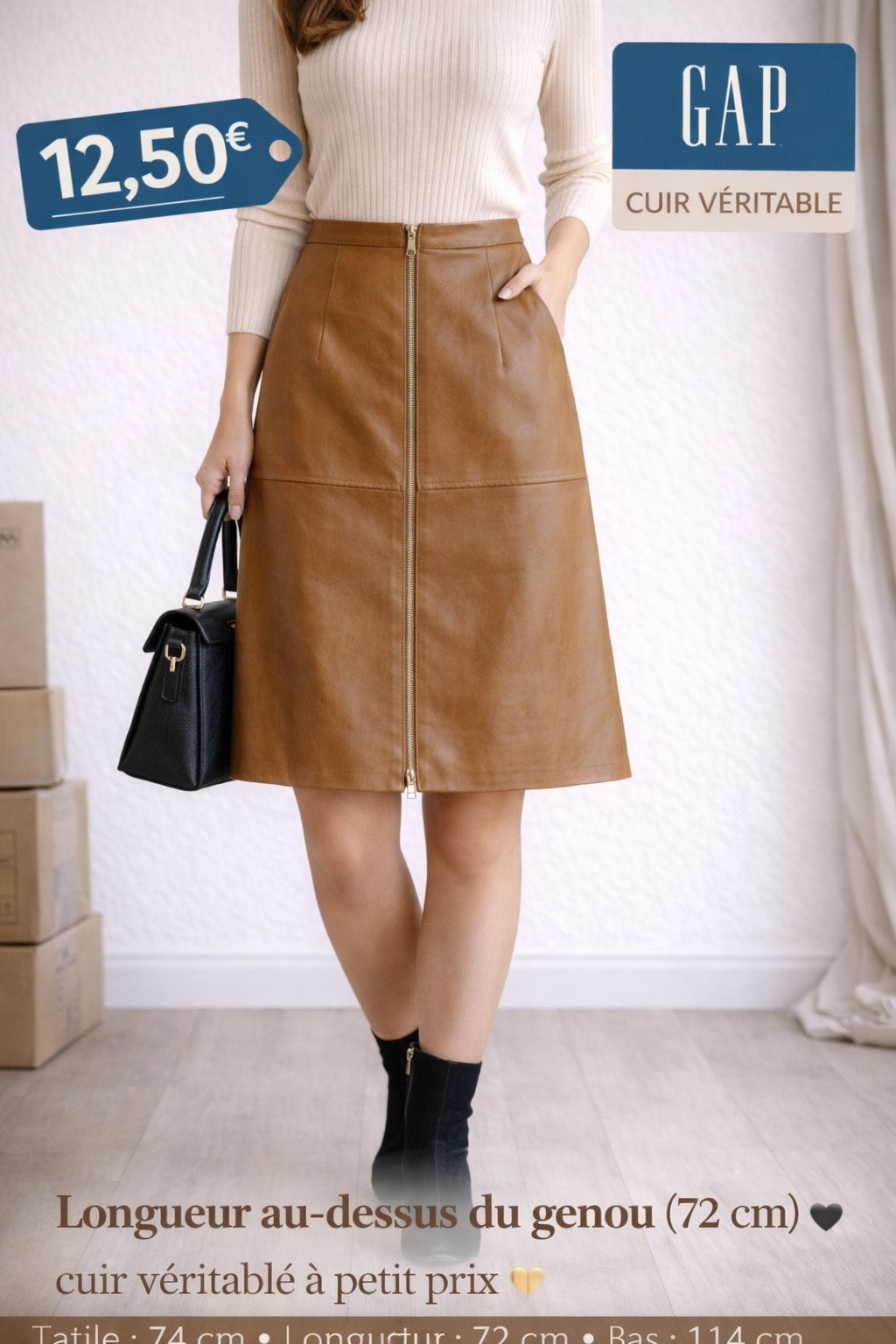 Jupe en Cuir Véritable GAP – Coupe Évasée Marron Clair