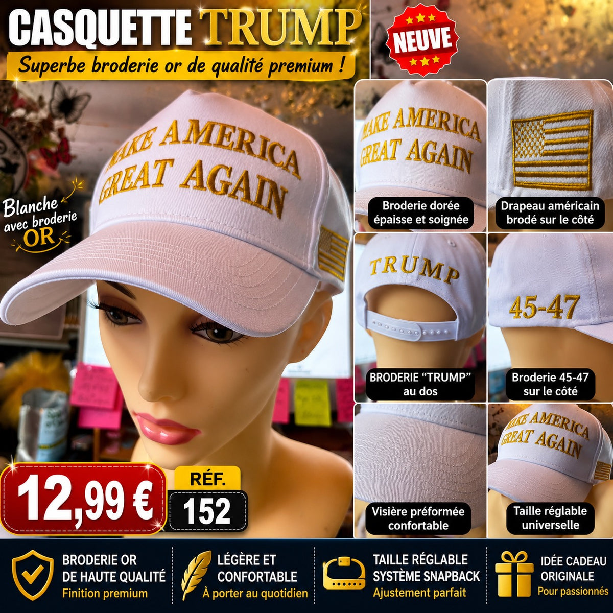 🧢 CASQUETTE BLANCHE « MAKE AMERICA GREAT AGAIN » – BRODERIE OR PREMIUM