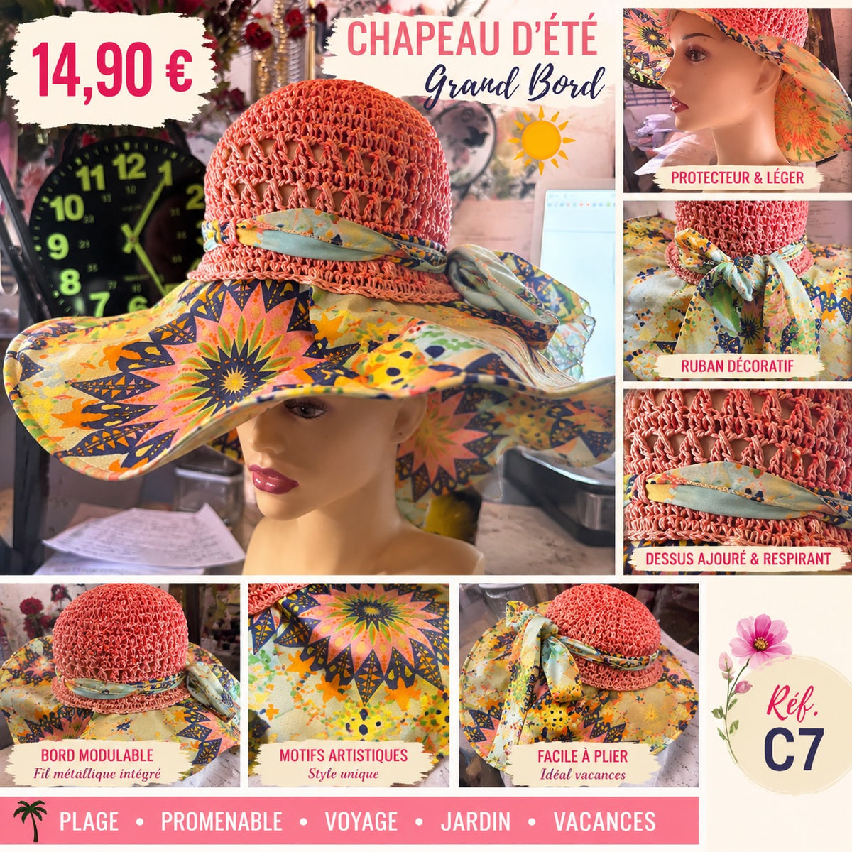 🌞 CHAPEAU D'ÉTÉ GRAND BORD – ÉLÉGANCE, FRAÎCHEUR ET ORIGINALITÉ !