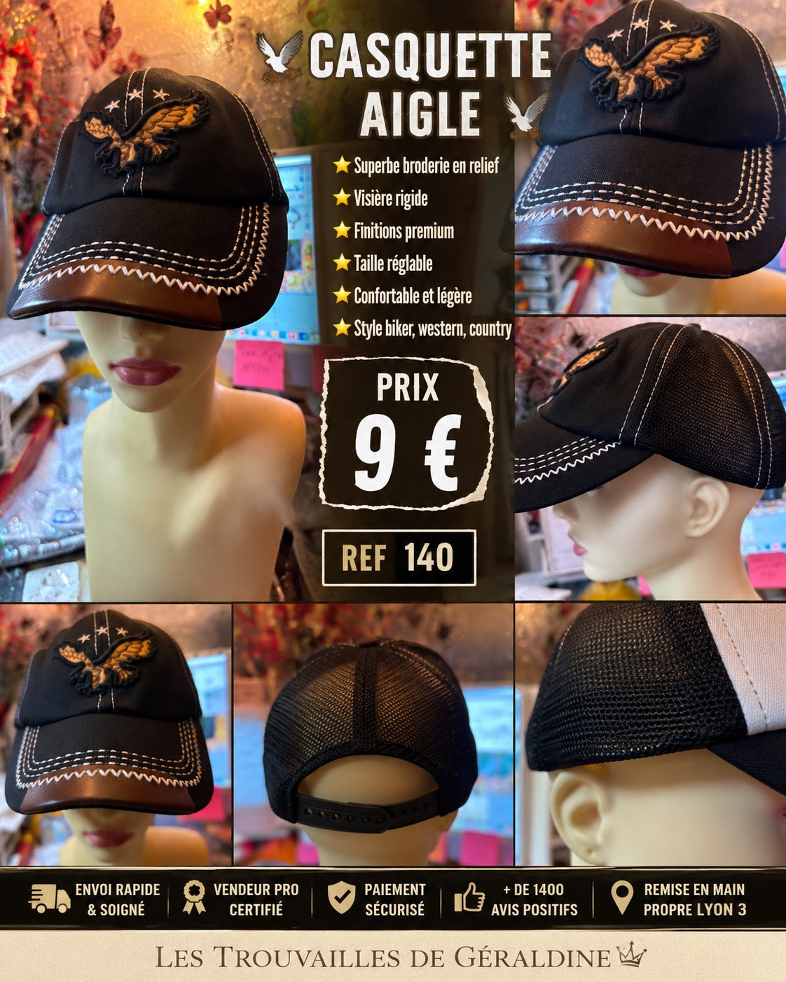 🦅 CASQUETTE NOIRE AVEC AIGLE BRODÉ RELIEF – VISIÈRE RIGIDE – STYLE WESTERN & BIKER 🦅
