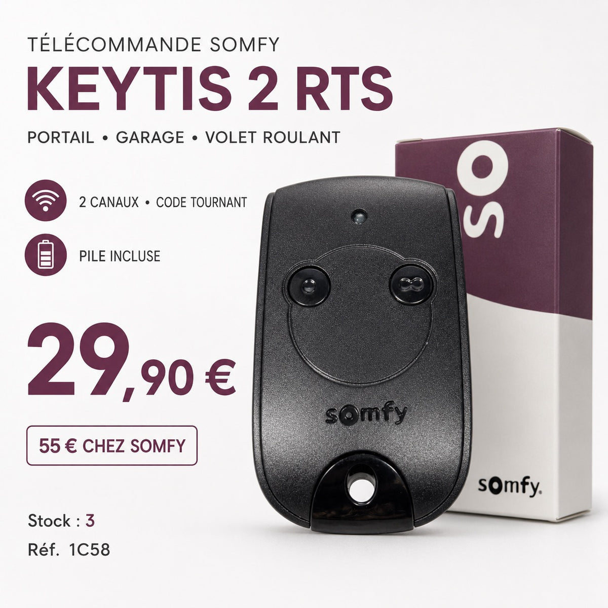 Télécommande Somfy Keytis 2 RTS – Portail, garage et volet roulant – 2 canaux