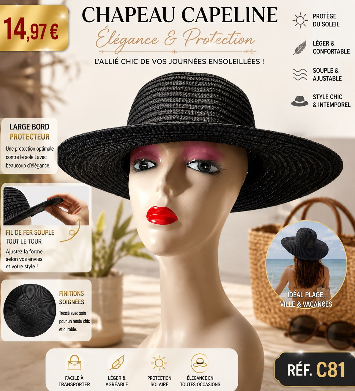 🌞 CHAPEAU CAPELINE BLEU MARINE – ÉLÉGANCE, CHARME & PROTECTION AU QUOTIDIEN