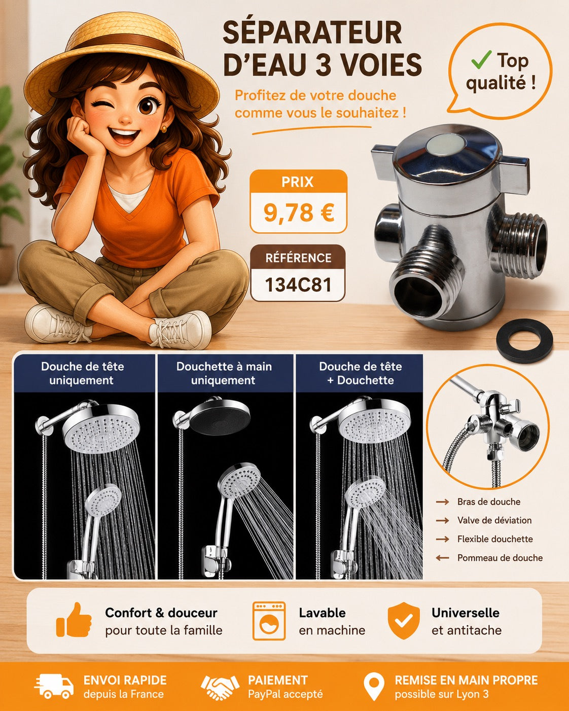 Séparateur d'eau 3 voies pour douche et baignoire